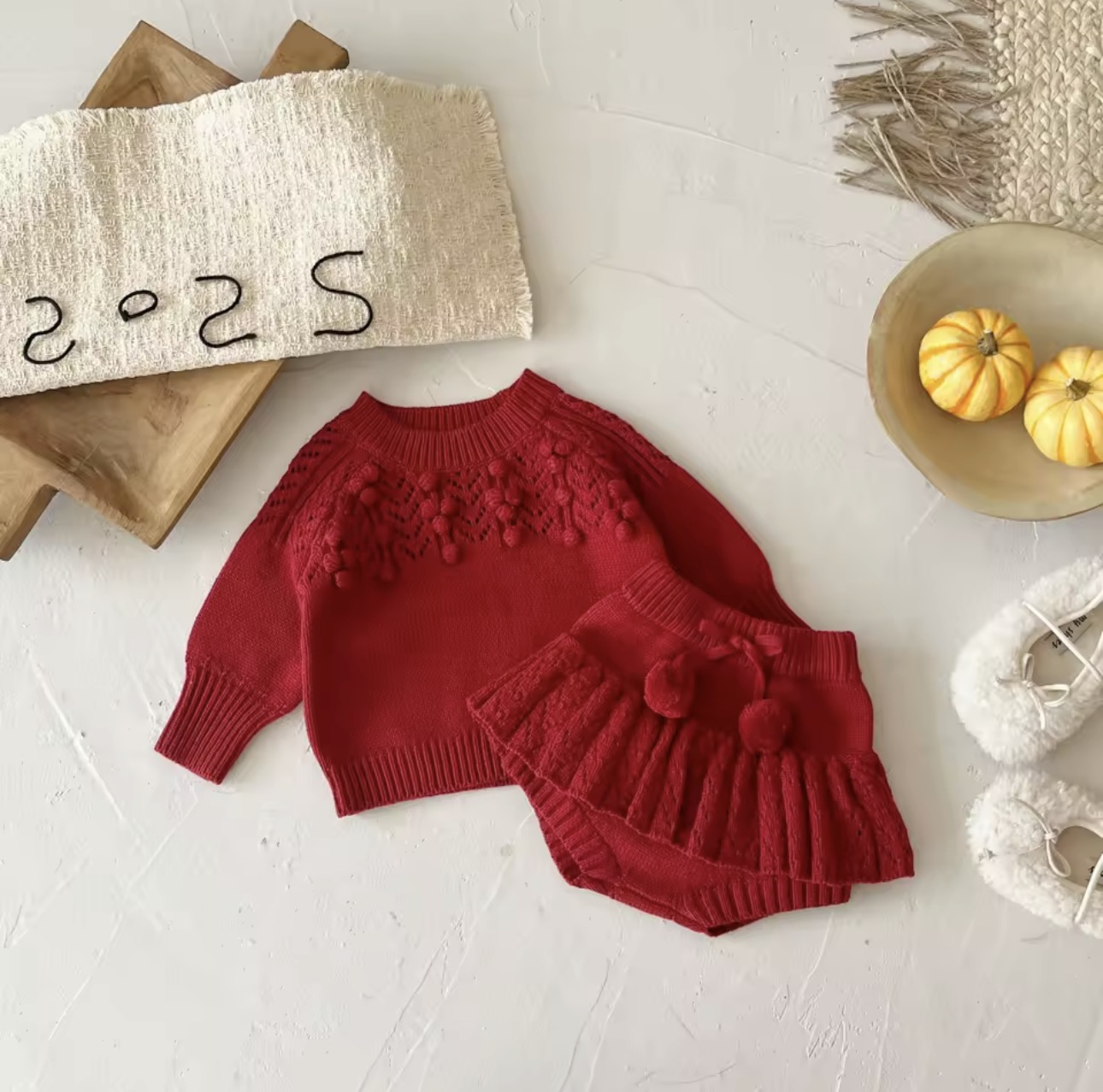 Cozy Crimson Knit Sweater & Bubble Skirt Set